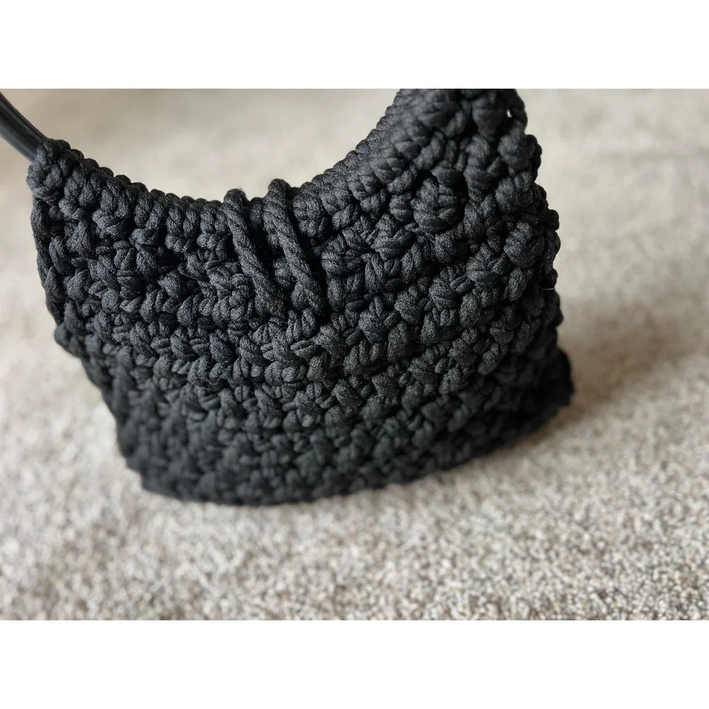 Vintage Crochet Hobo Bag Black Knitted Purse Circle Handle Boho‎ Chic